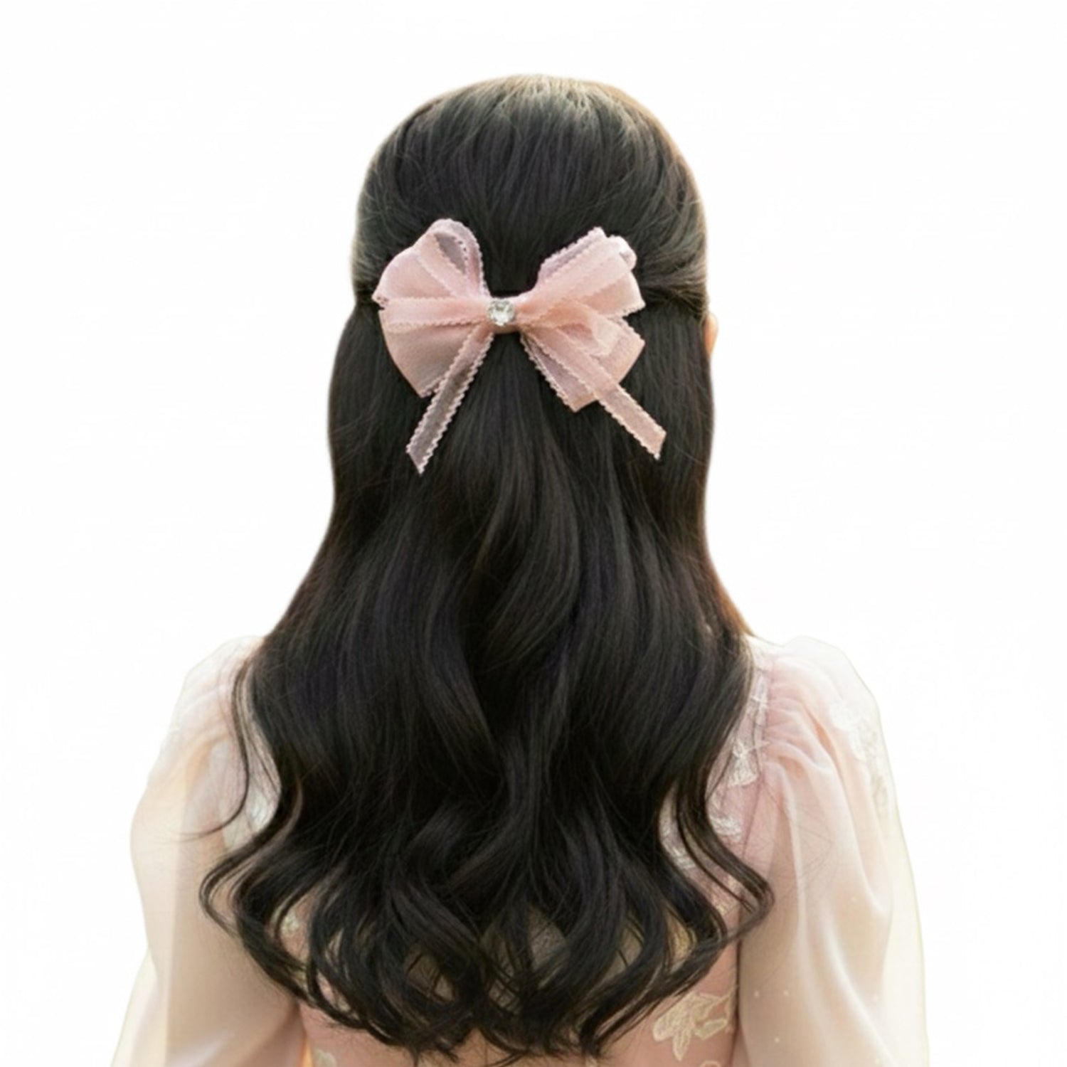 Pink satin bow hair clips with black trim detail on white background