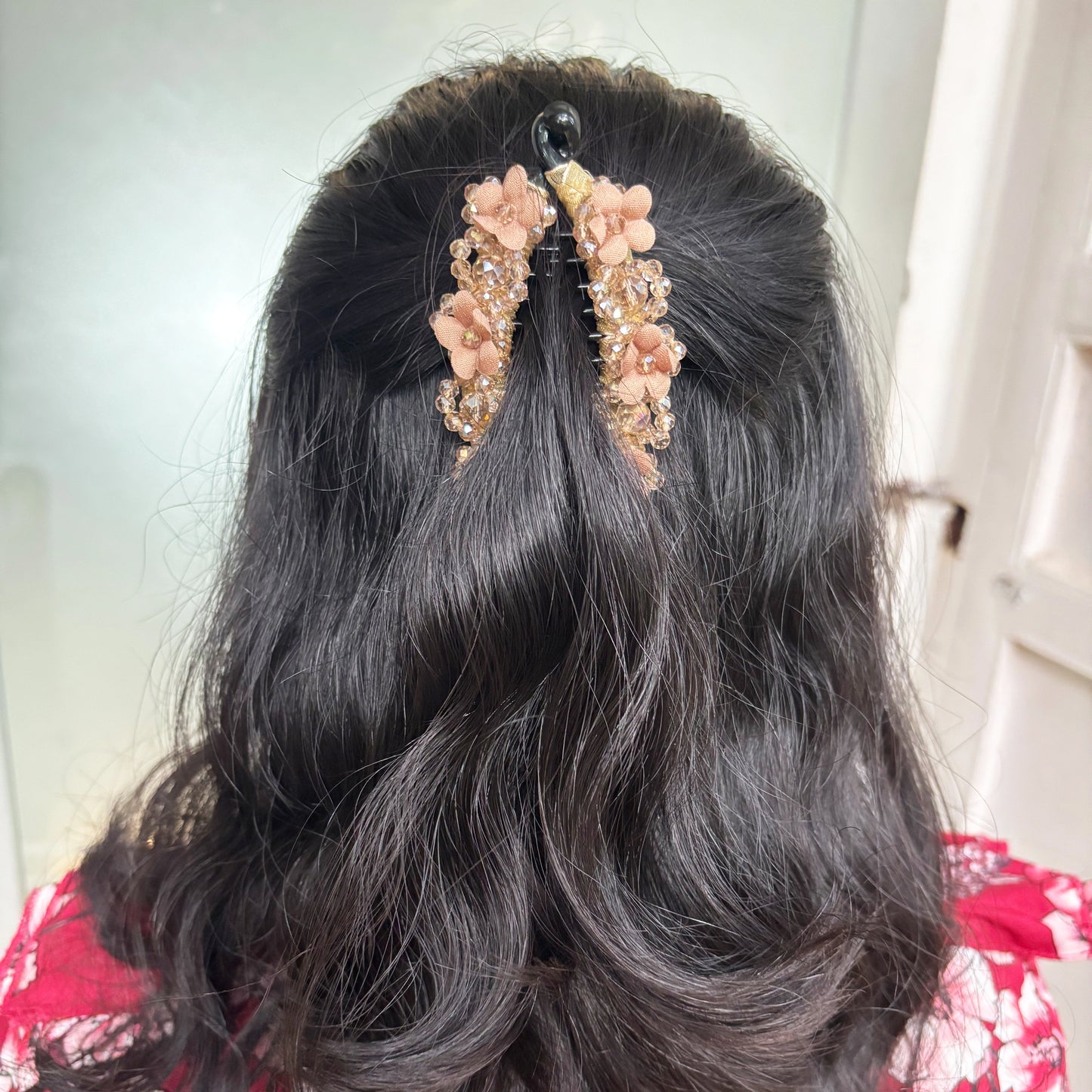 Floral Crystal Studded Banana Clip (Peach)