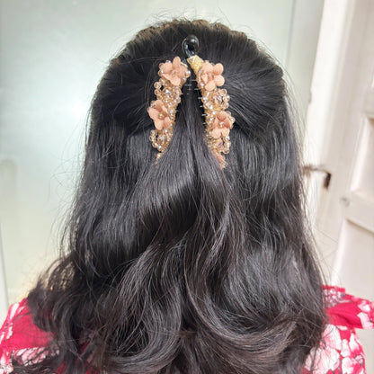 Floral Crystal Studded Banana Clip (Peach)