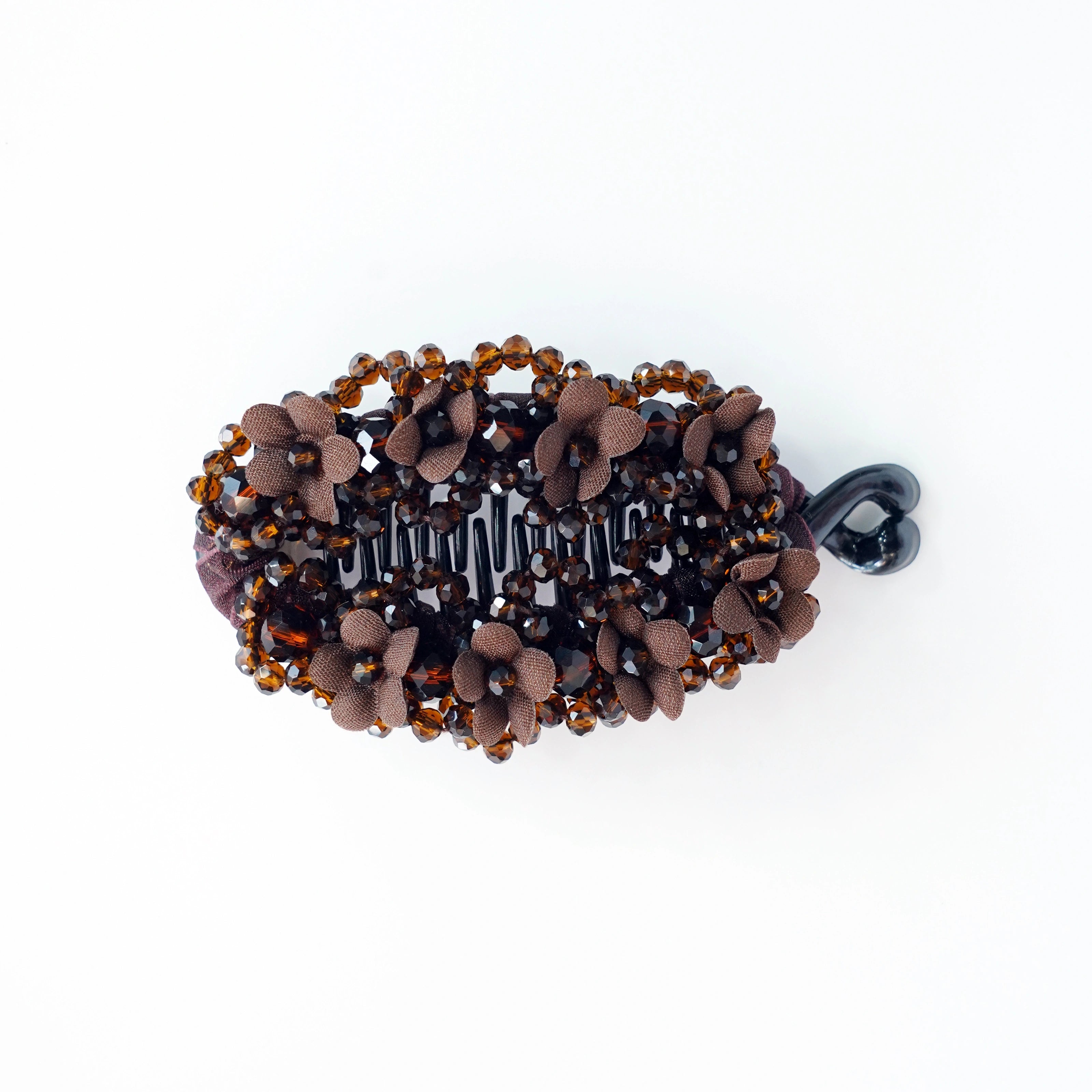 Floral Crystal Studded Banana Clip (Brown)