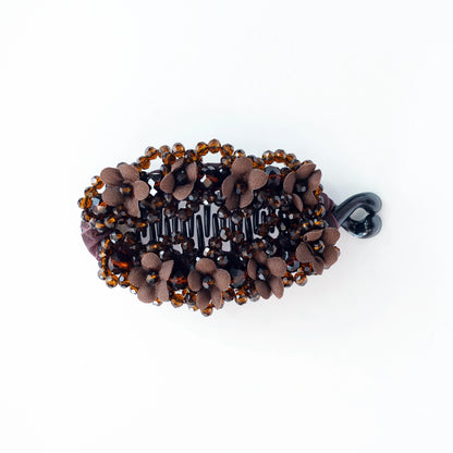 Floral Crystal Studded Banana Clip (Brown)