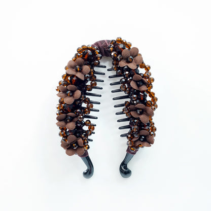 Floral Crystal Studded Banana Clip (Brown)