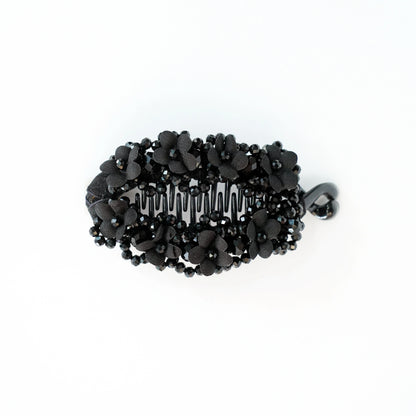 Floral Crystal Studded Banana Clip (Black)
