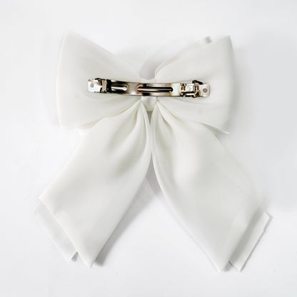 Elegant Bow Clip with Multi layers of Satin Ribbon and Organza (White)