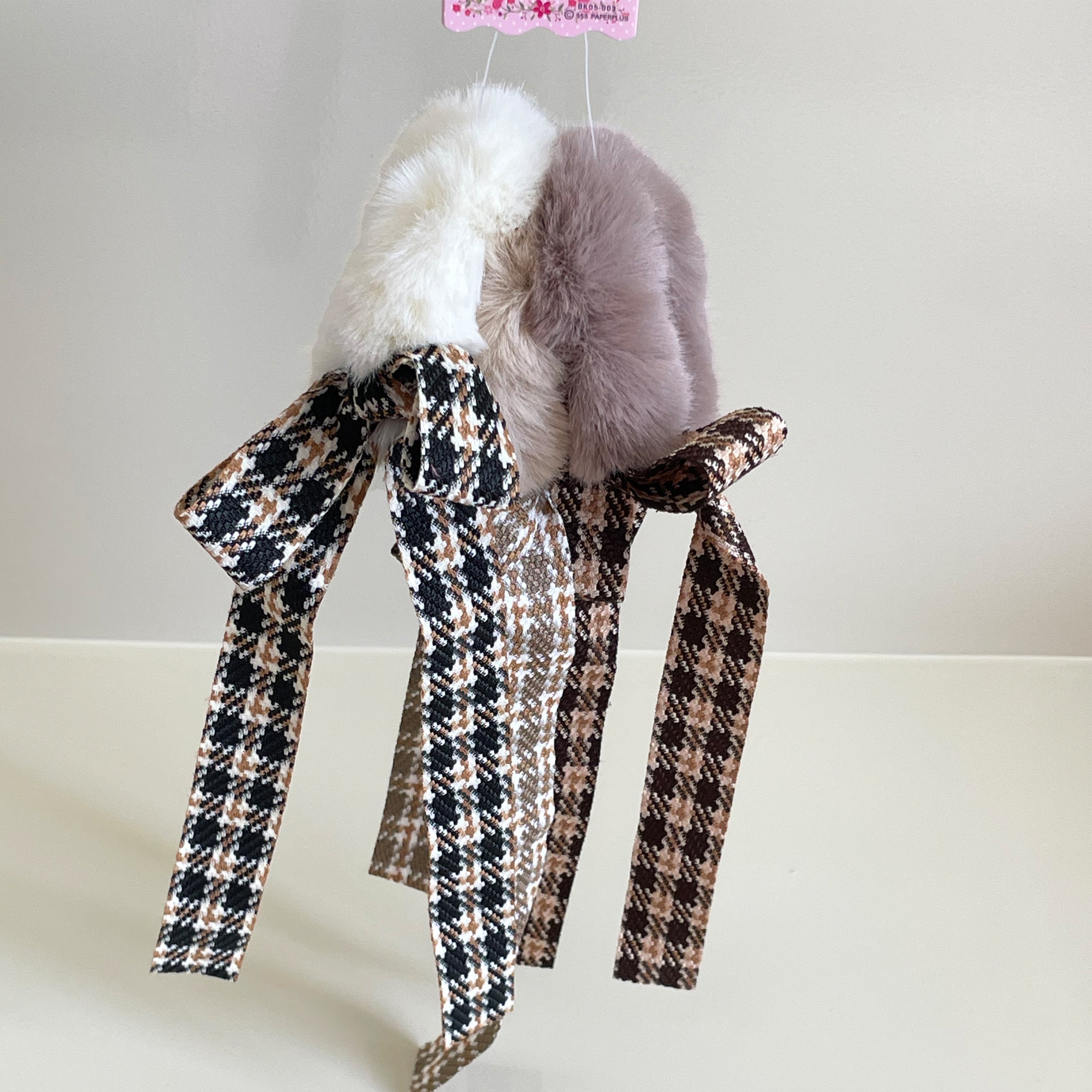 Furry Scrunchies with check ribbons - Assorted Pack of 3 pcs
