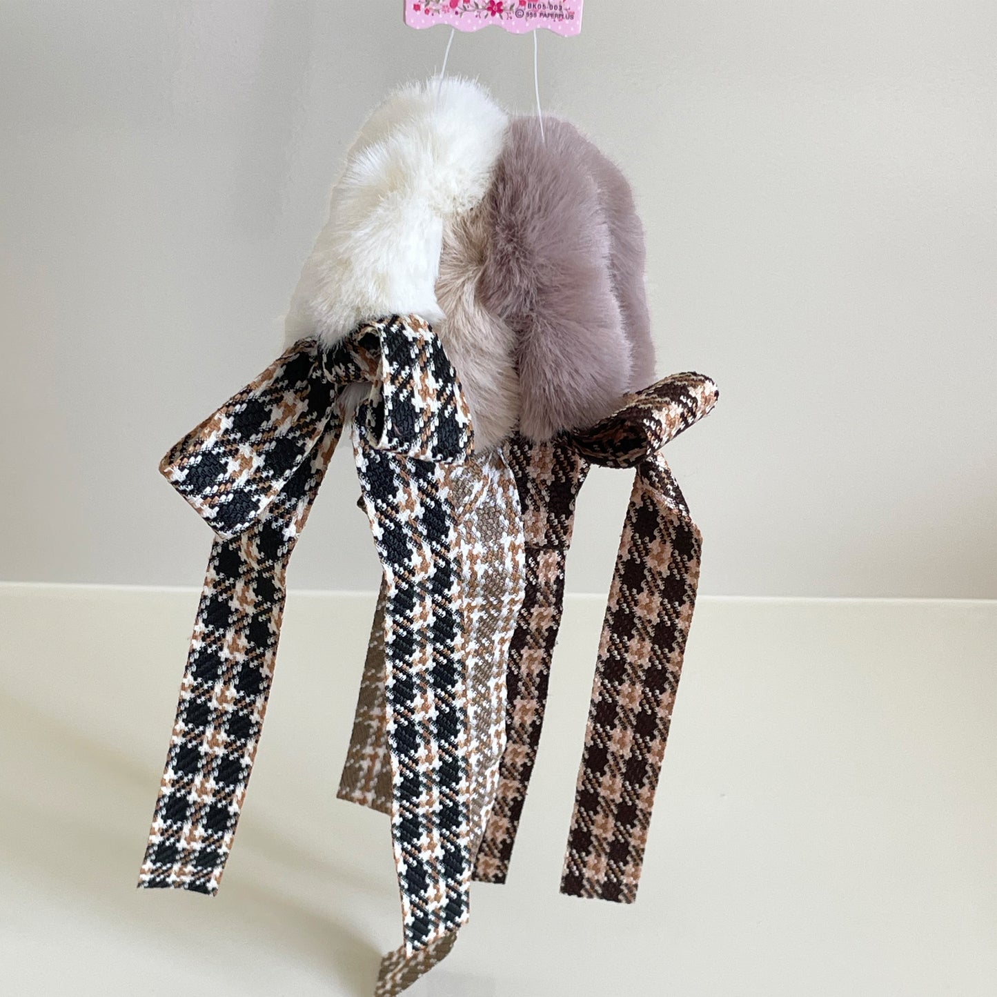Furry Scrunchies with check ribbons - Assorted Pack of 3 pcs