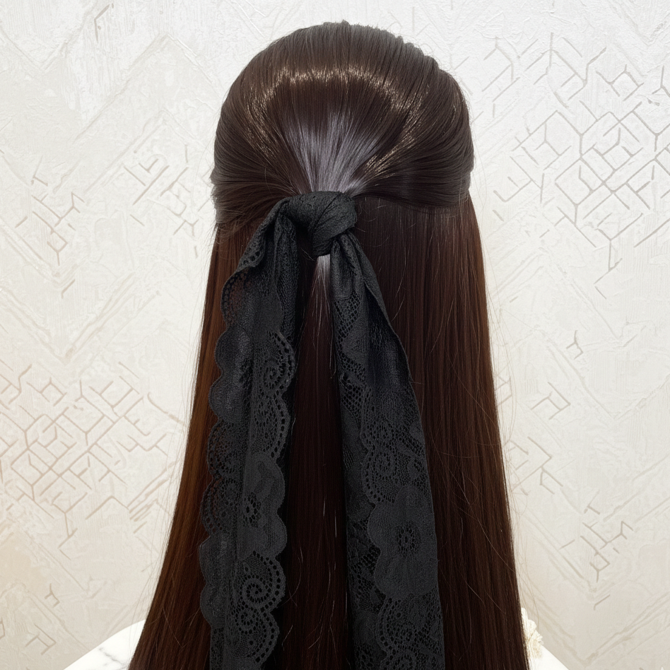 Long brown hair styled with a black lace ribbon against a white textured background