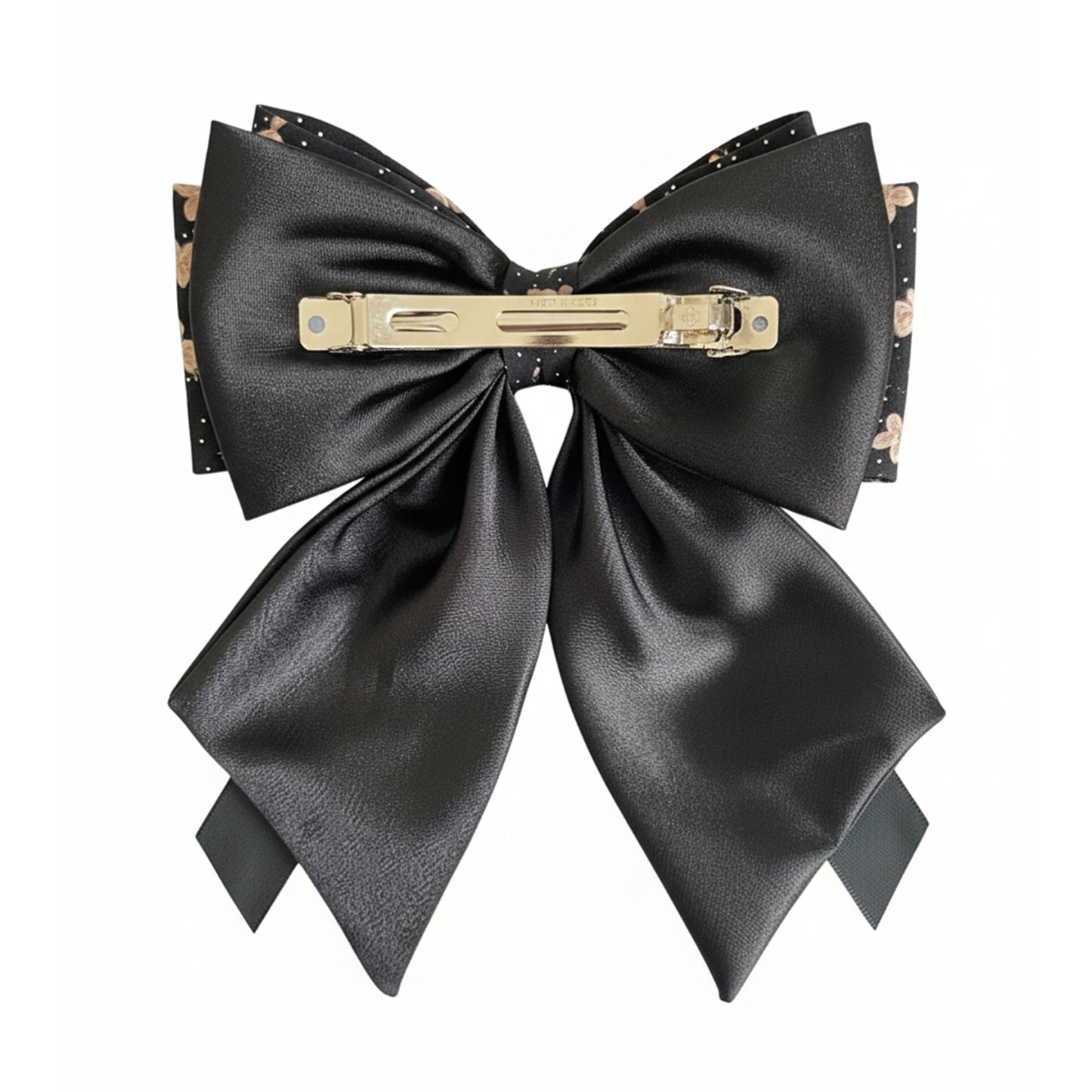 Floral Print Bow Clip with Satin Ribbons (Black)