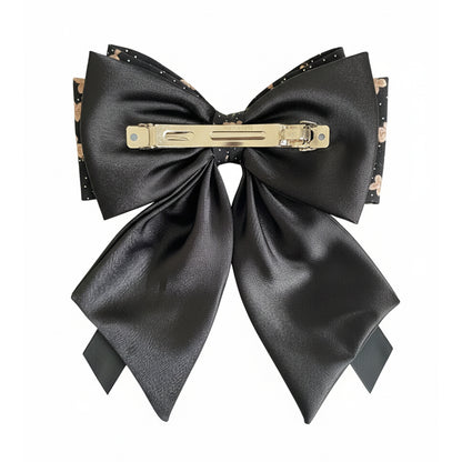 Floral Print Bow Clip with Satin Ribbons (Black)