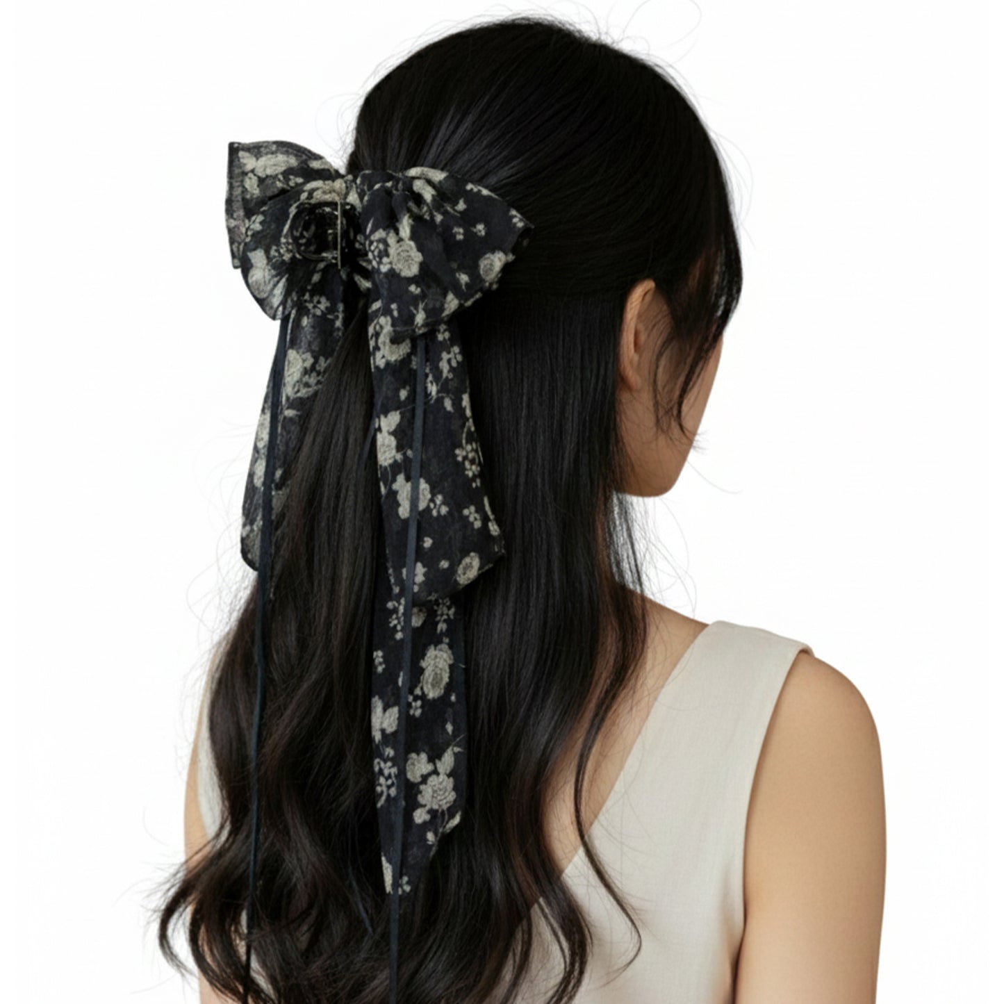Elegant Ribbon Claw Clip (Black Print)