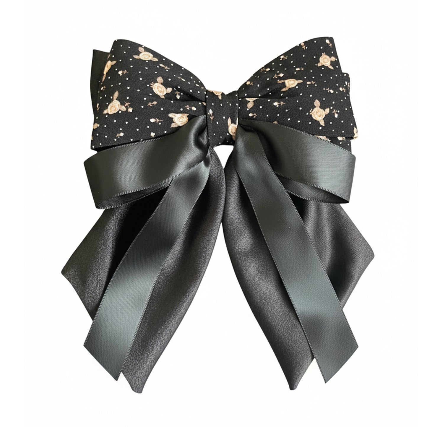 Floral Print Bow Clip with Satin Ribbons (Black)