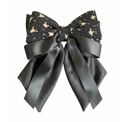 Floral Print Bow Clip with Satin Ribbons (Black)