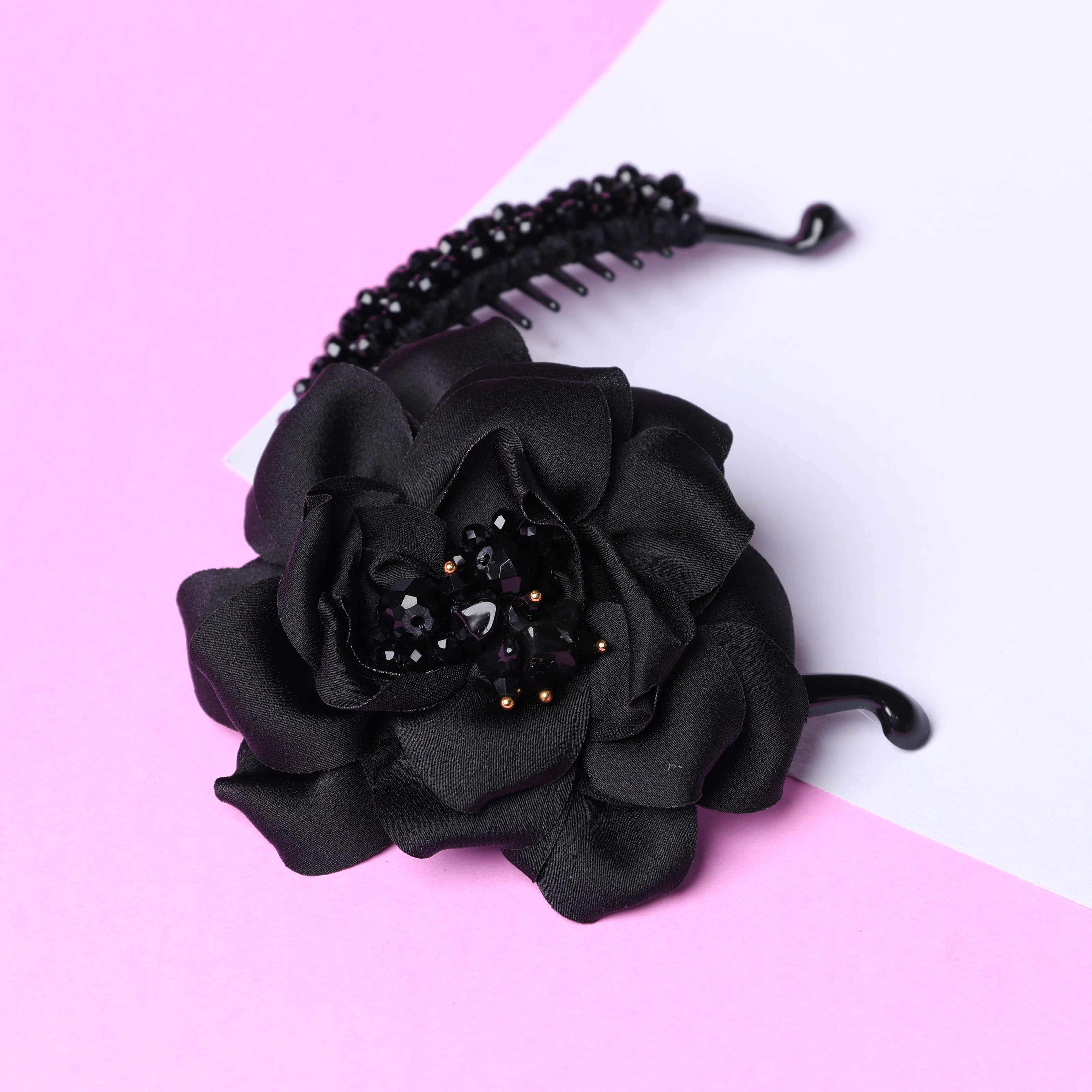 Crystal Banana Clip with Embellished Flower (Black)