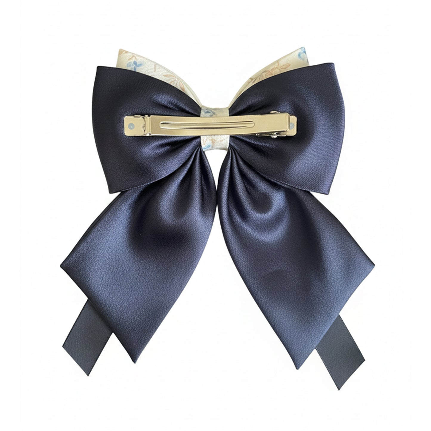 Floral Print Bow Clip with Satin Ribbons (Navy Blue)