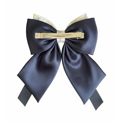 Floral Print Bow Clip with Satin Ribbons (Navy Blue)