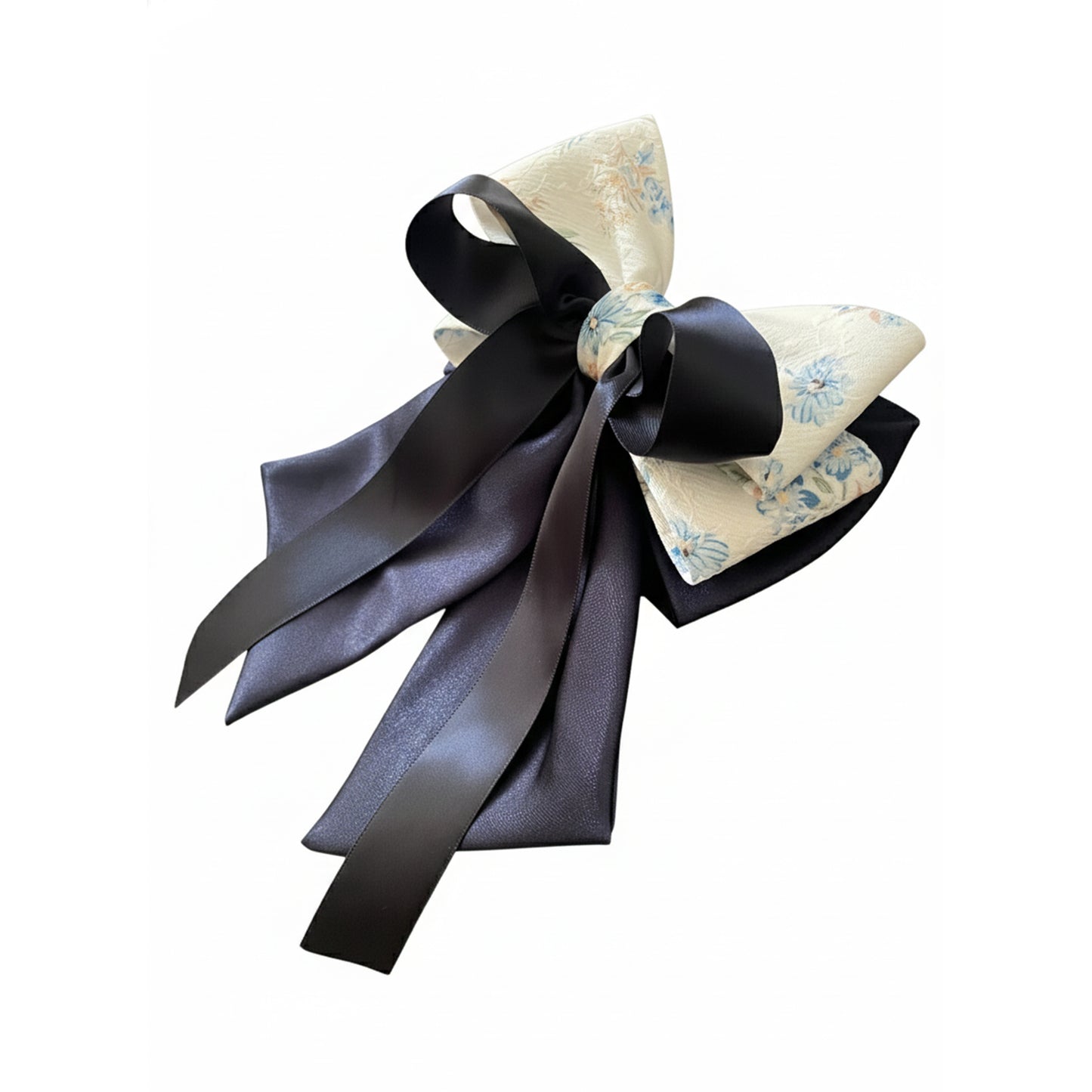 Floral Print Bow Clip with Satin Ribbons (Navy Blue)