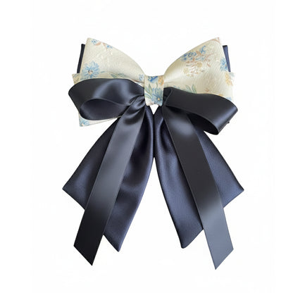 Floral Print Bow Clip with Satin Ribbons (Navy Blue)