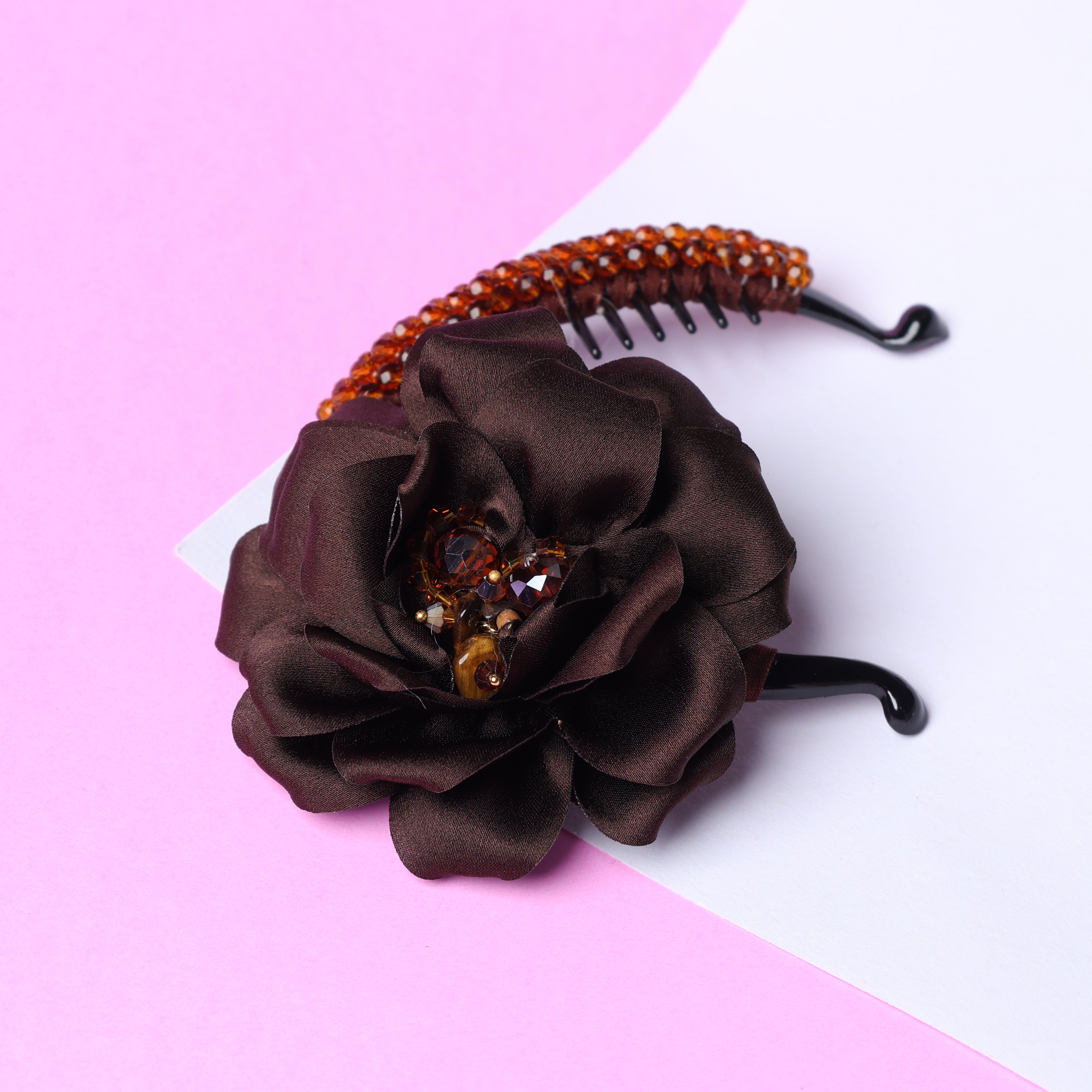 Crystal Banana Clip with Embellished Flower (Brown)