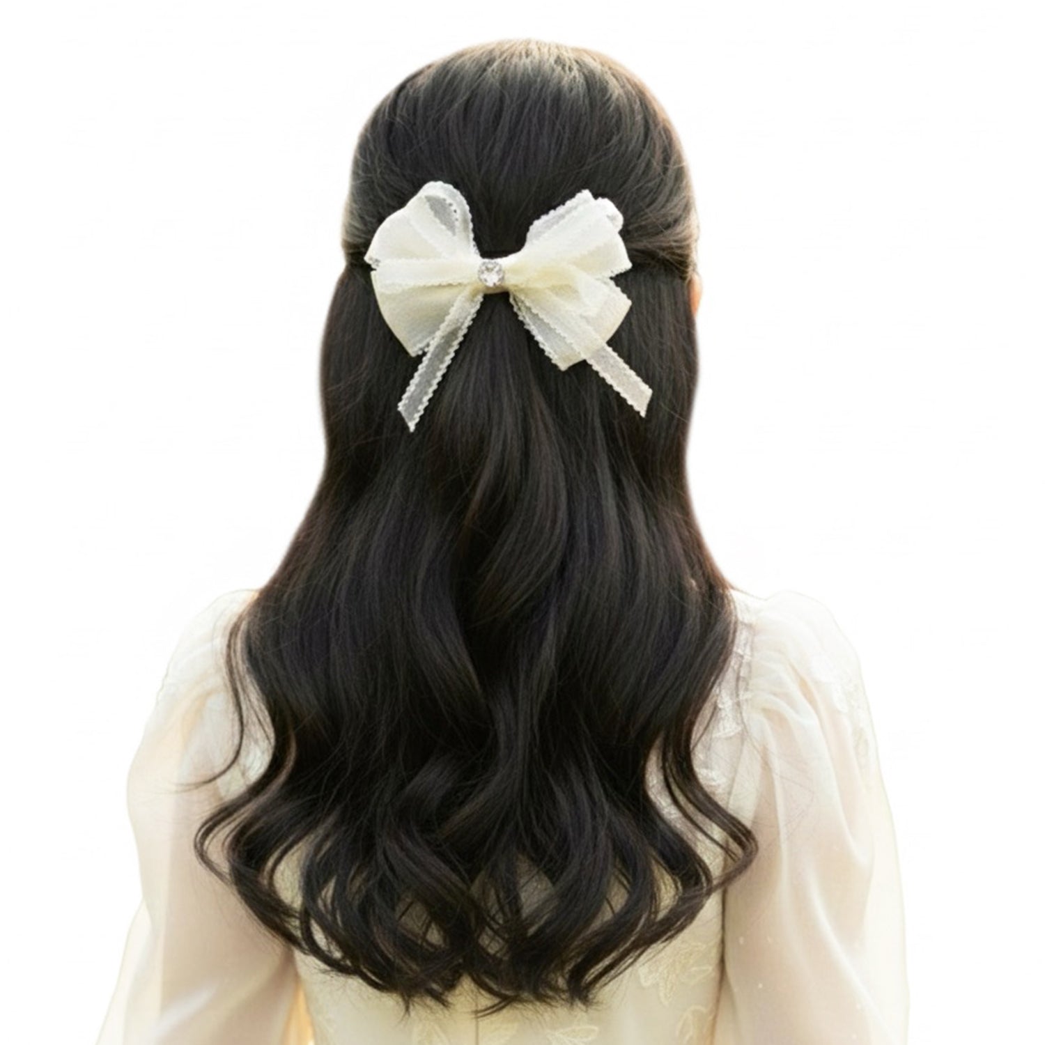 Delightful Sheer and studded Bow Clip (Cream)