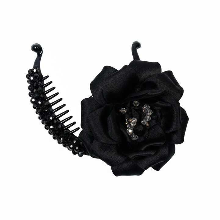 Crystal Banana Clip with Embellished Flower (Black)
