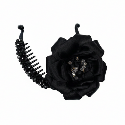 Crystal Banana Clip with Embellished Flower (Black)