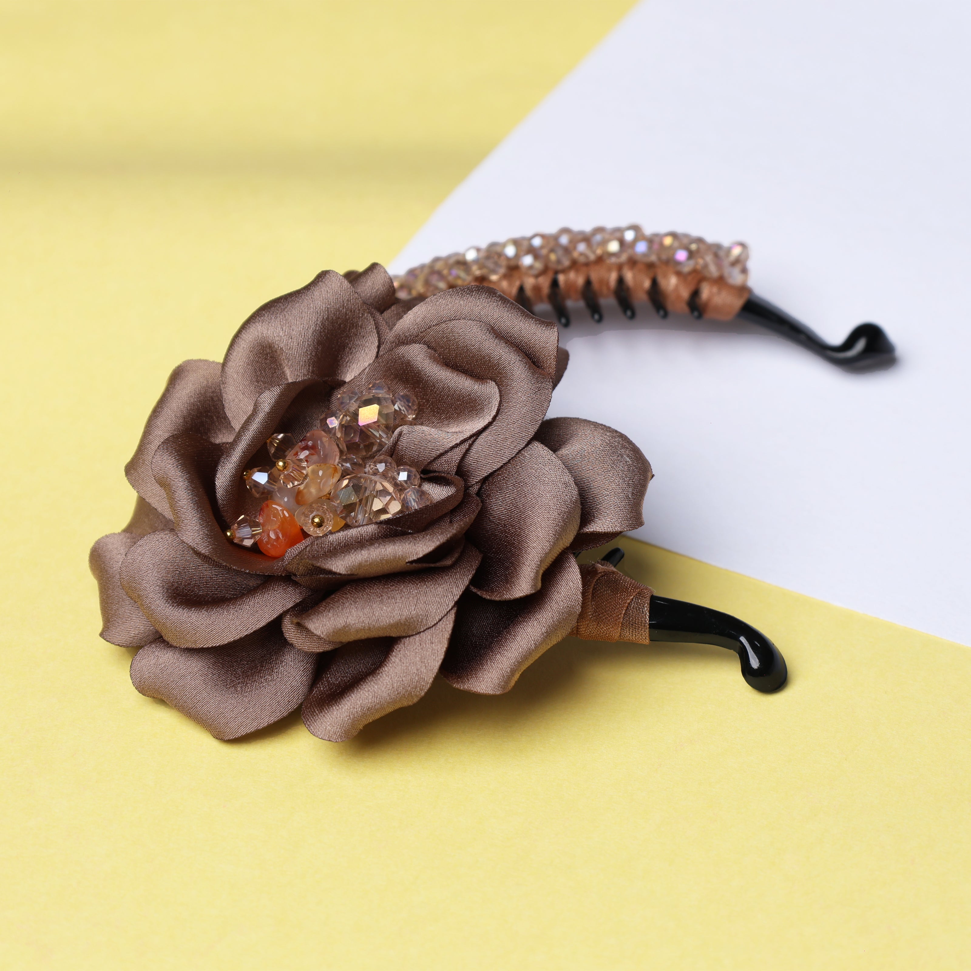 Crystal Banana Clip with Embellished Flower (Golden)