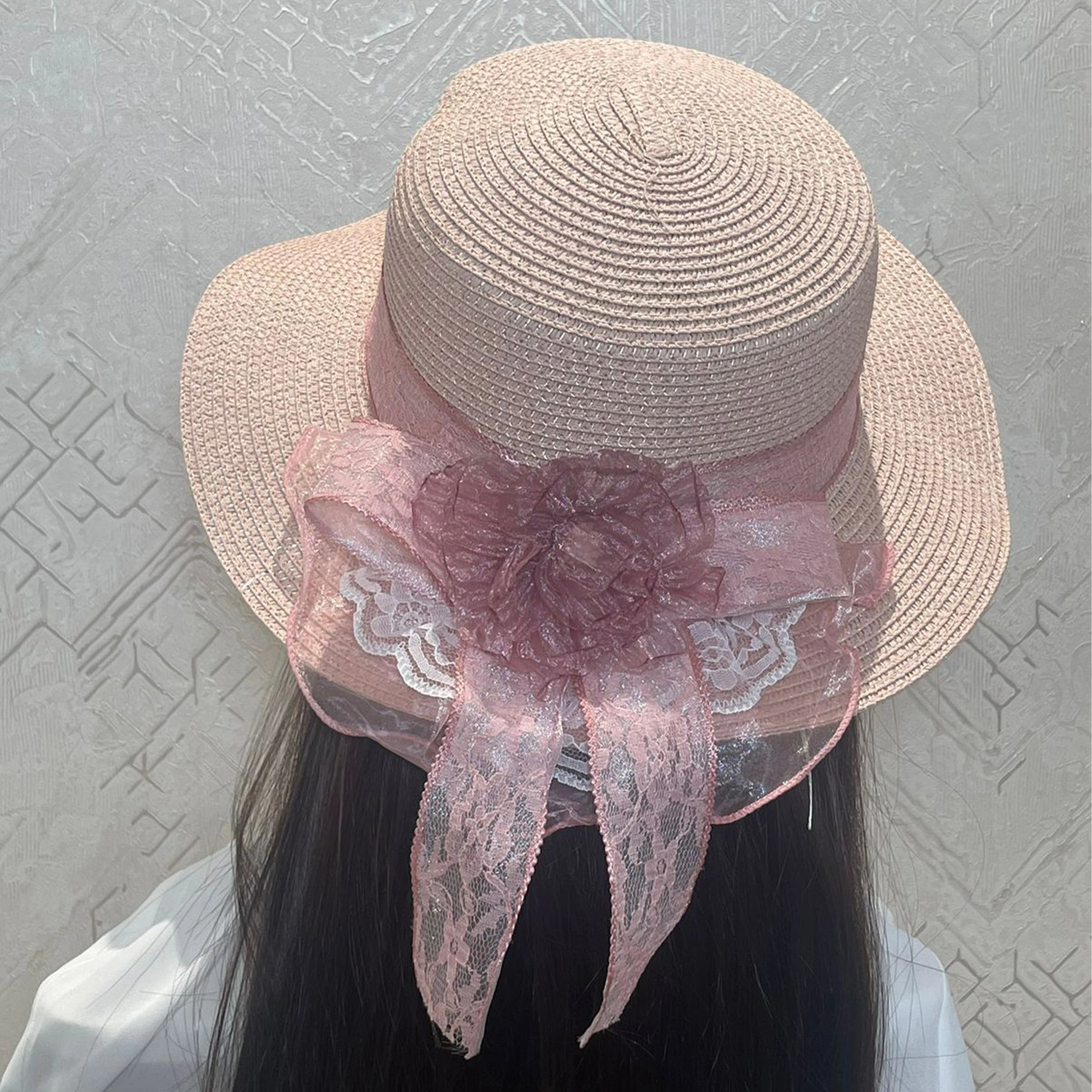 Pink Straw Round Hat with Pink Floral Lacy Ribbon and Flower