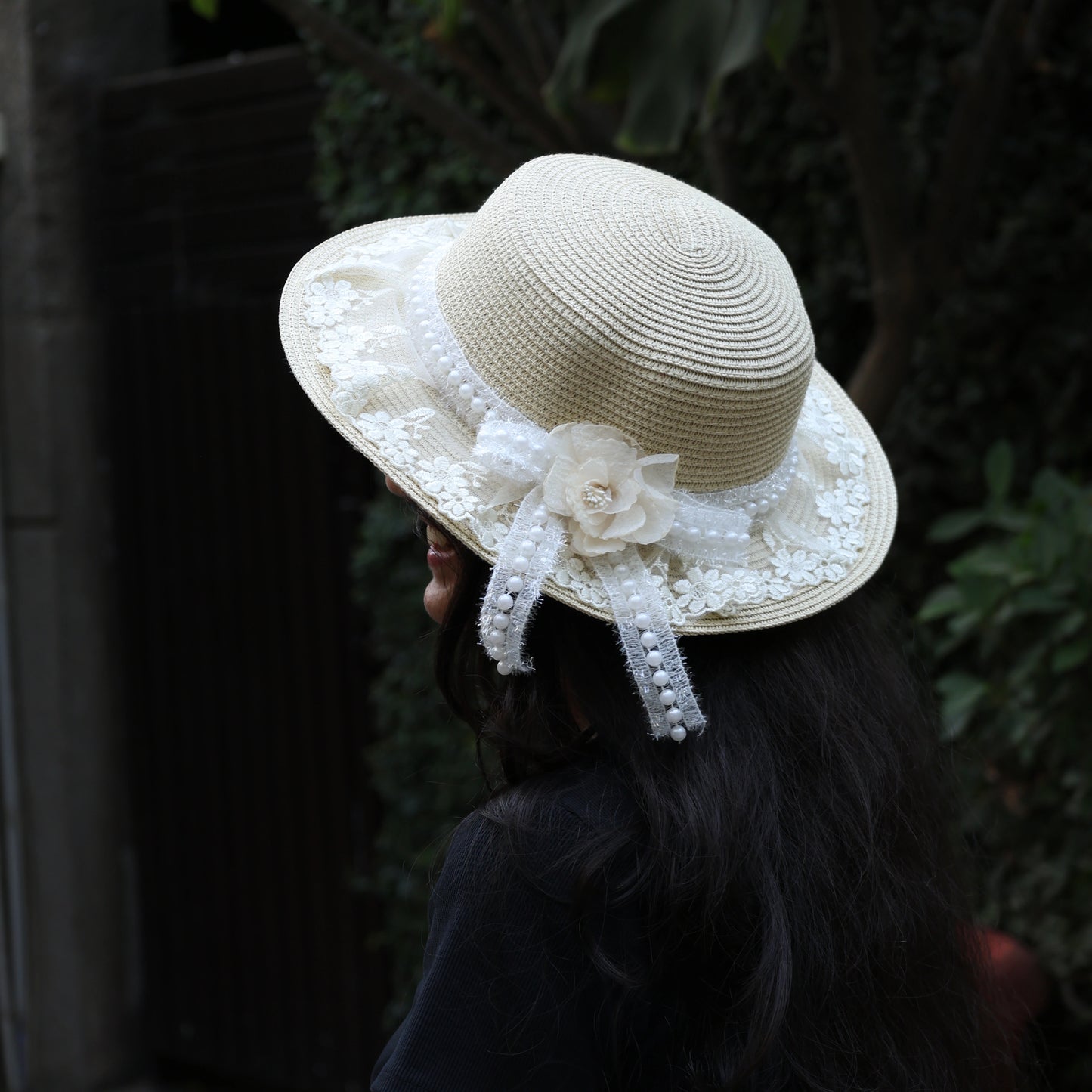 Cream Straw Flat Top Hat with Lace and Pearl Ribbon