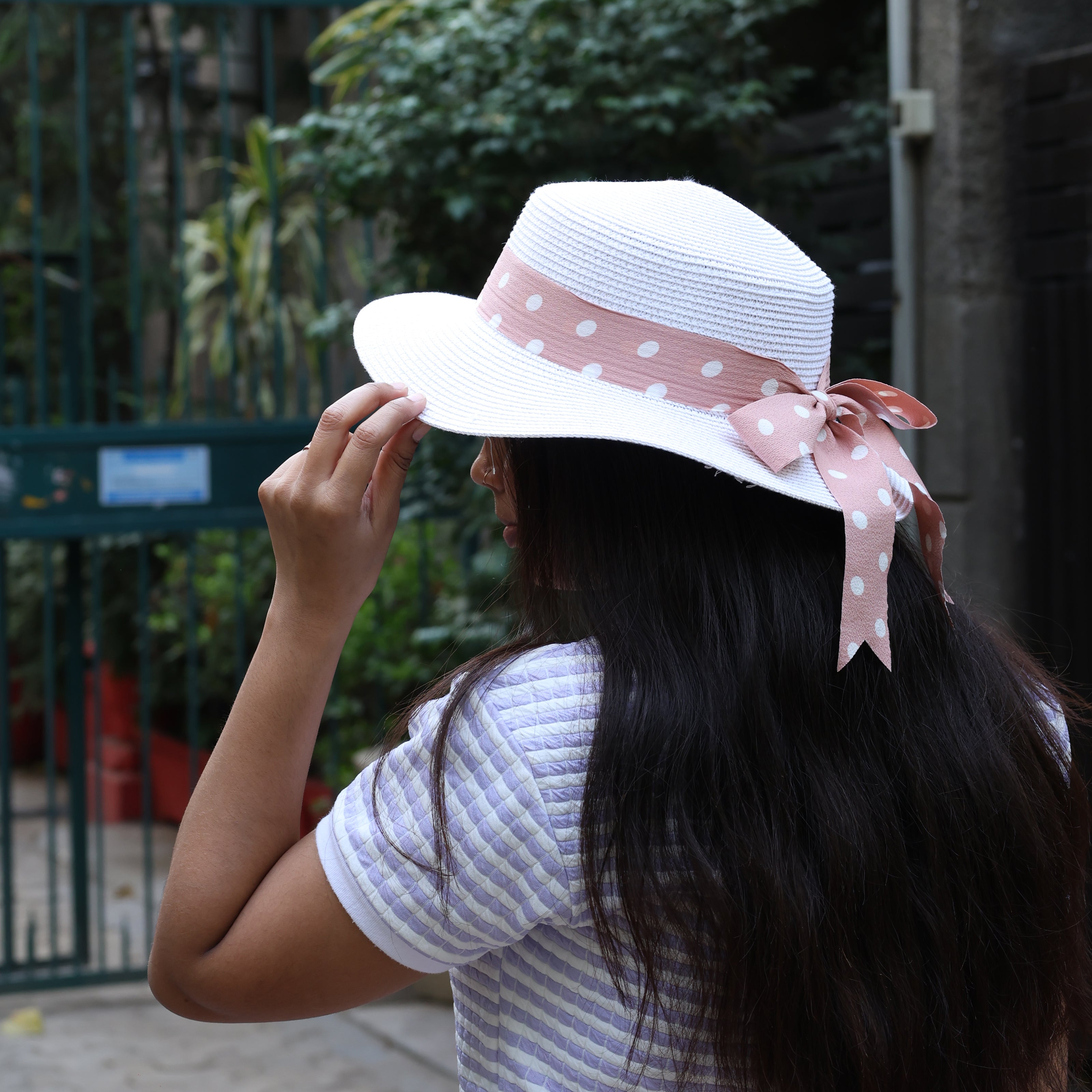 White Straw Flat Top Hat with Pink White Polka Ribbon