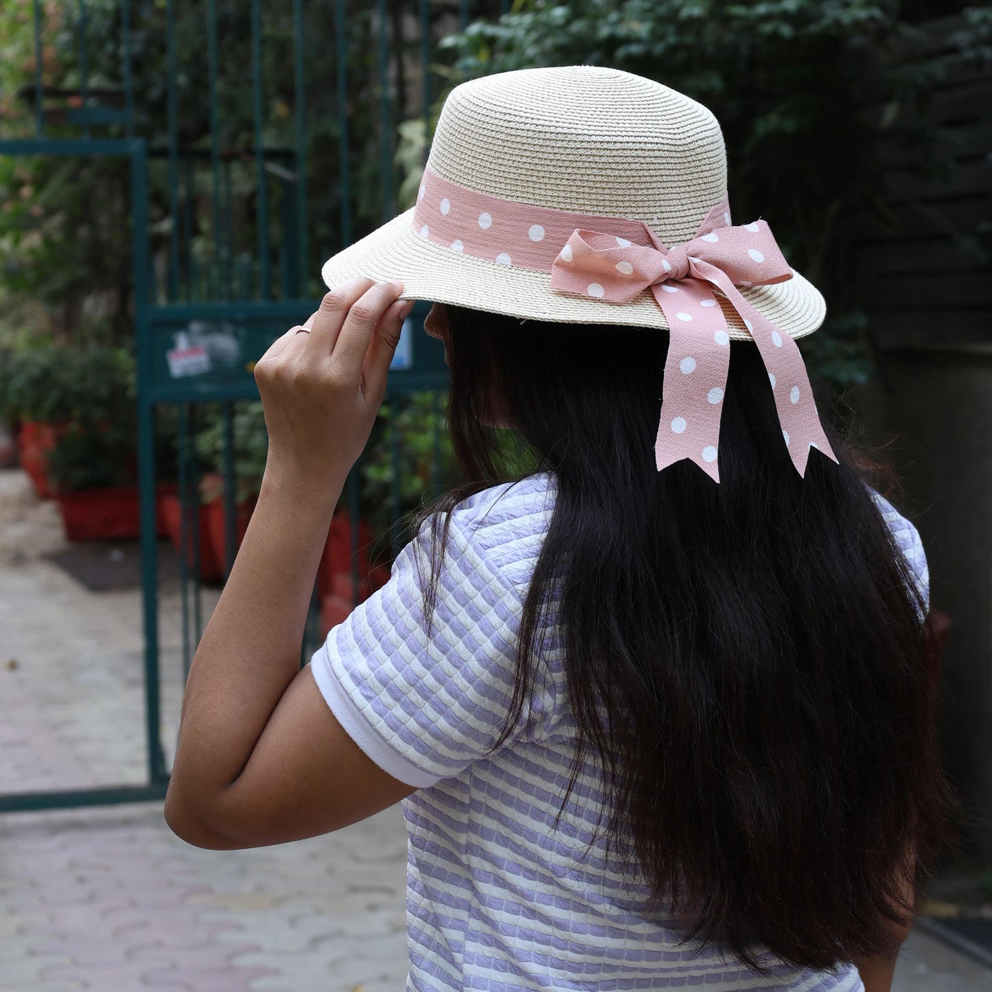 Cream Straw Flat Top Hat with Pink White Polka Ribbon