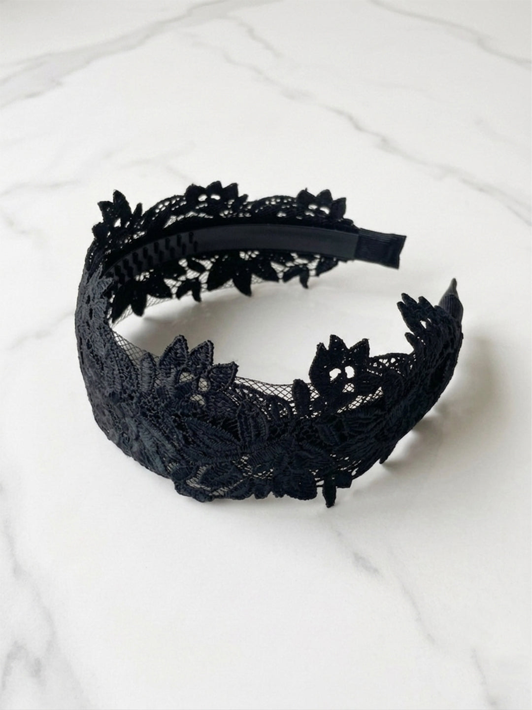 Medium Broad Floral Lacy Hairbands (Black)