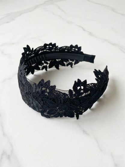 Medium Broad Floral Lacy Hairbands (Black)