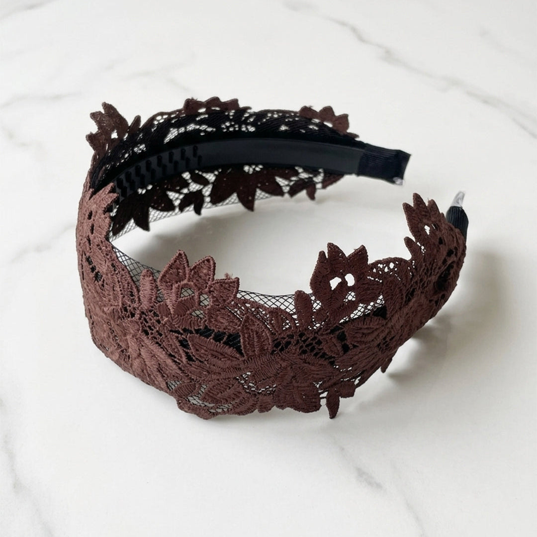 Medium Broad Floral Lacy Hairbands (Brown)