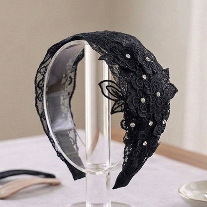 Floral Heavy Embellished Lacy Hairband (Black)