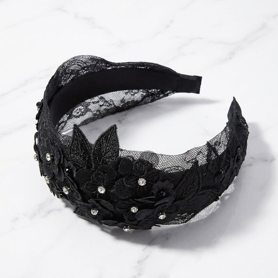 Floral Heavy Embellished Lacy Hairband (Black)