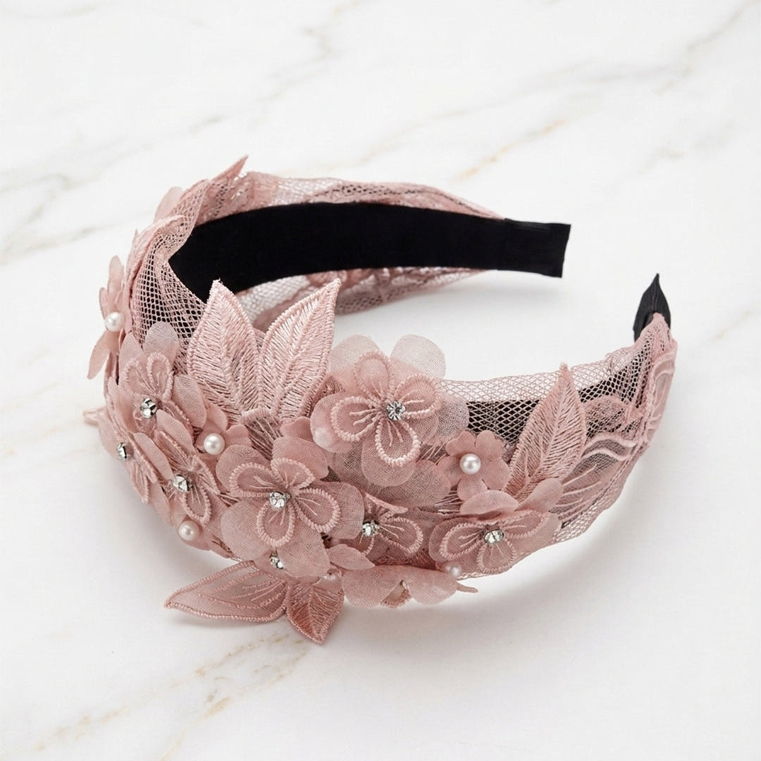 Floral Heavy Embellished Lacy Hairband (Pink)