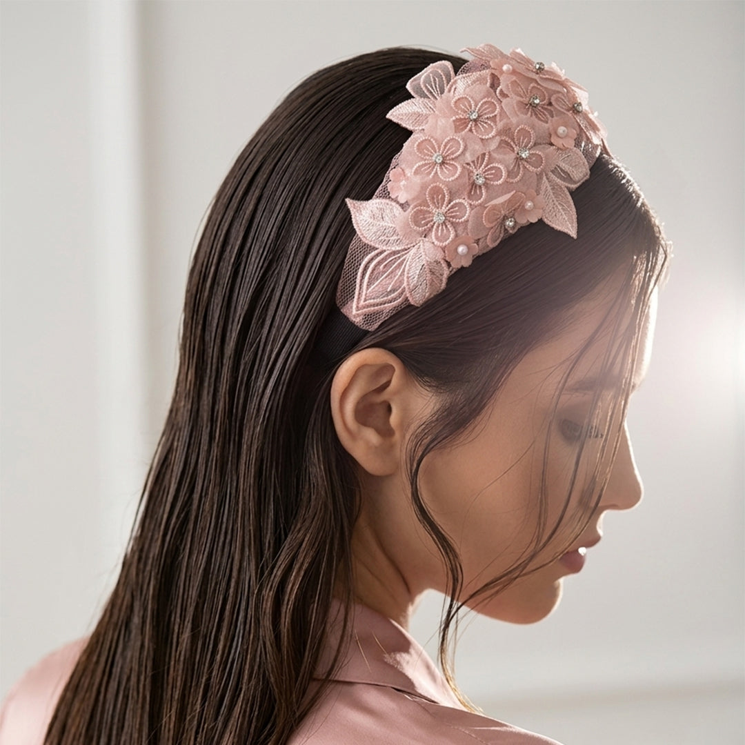 Floral Heavy Embellished Lacy Hairband (Pink)