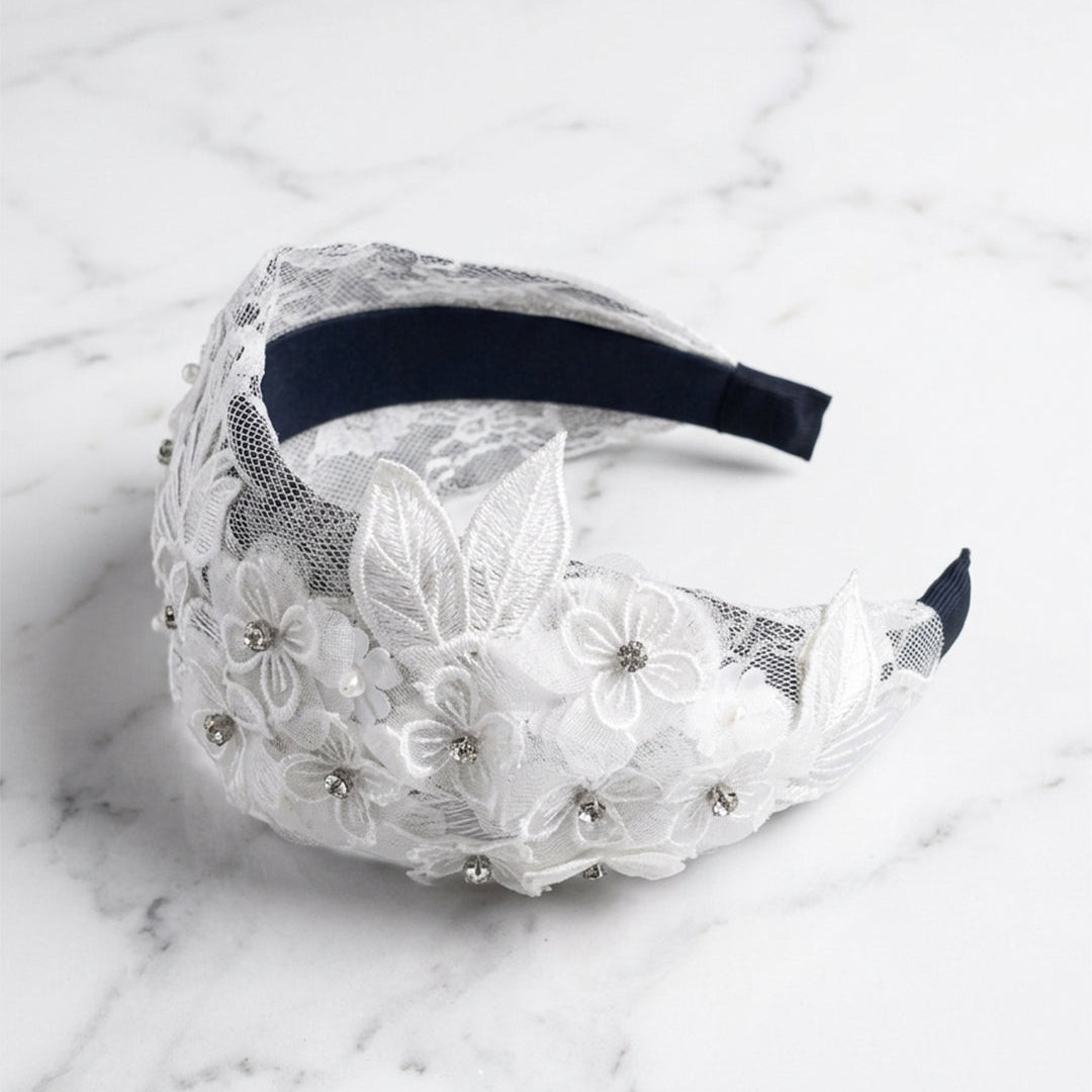 Floral Heavy Embellished Lacy Hairband (White)