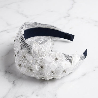 Floral Heavy Embellished Lacy Hairband (White)