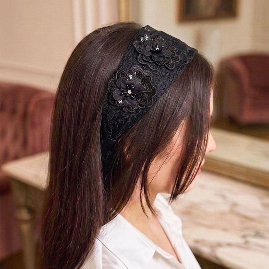 Floral Embellished Lacy Hairbands (Black)