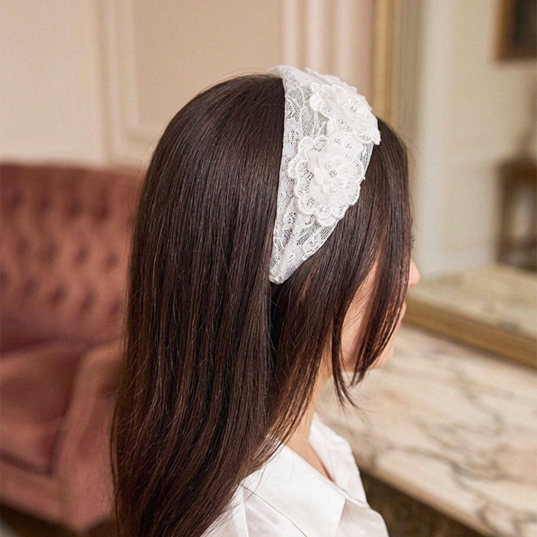 Floral Embellished Lacy Hairbands (White)