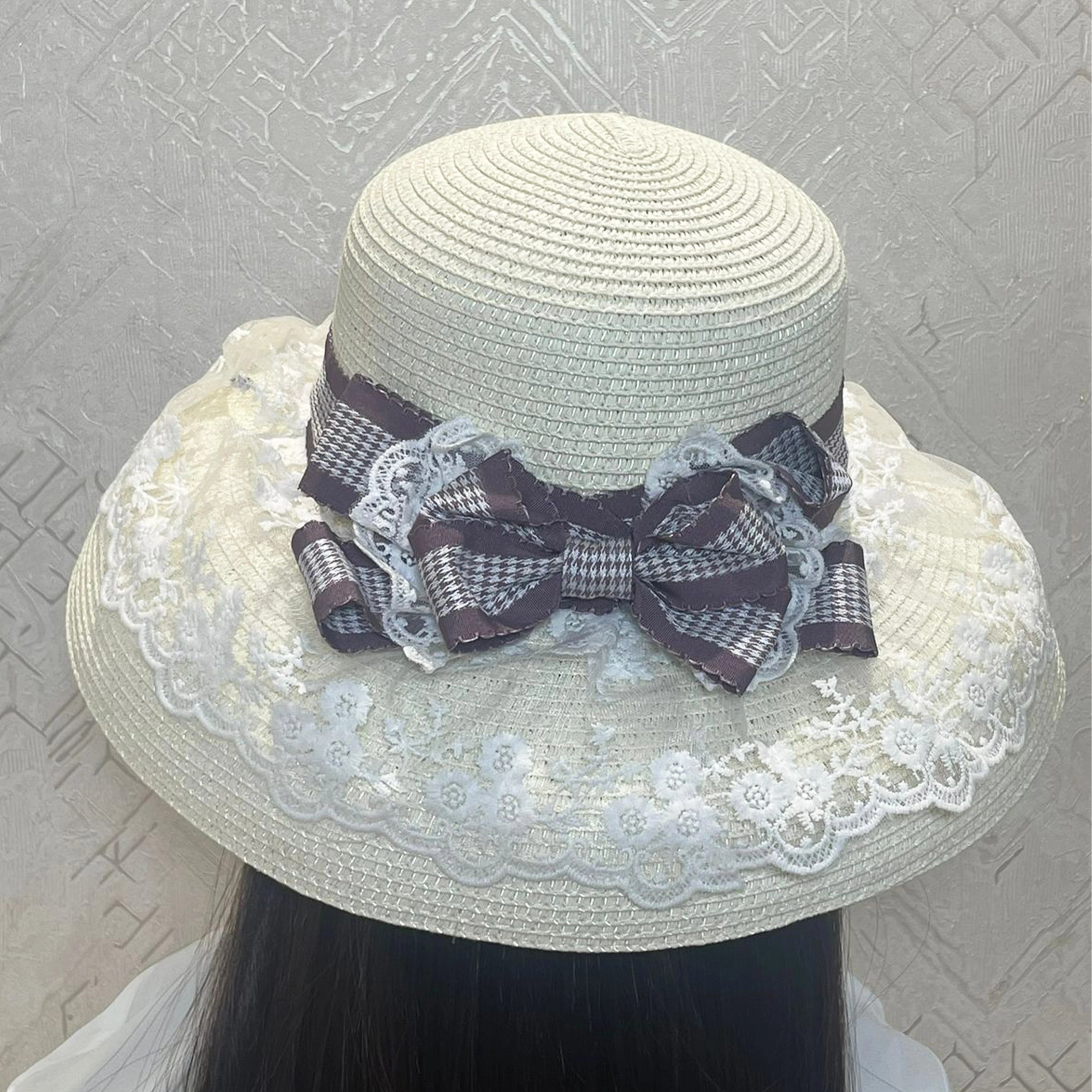 Cream Straw Hat with Lacy Frill and Purple Bow Ribbon