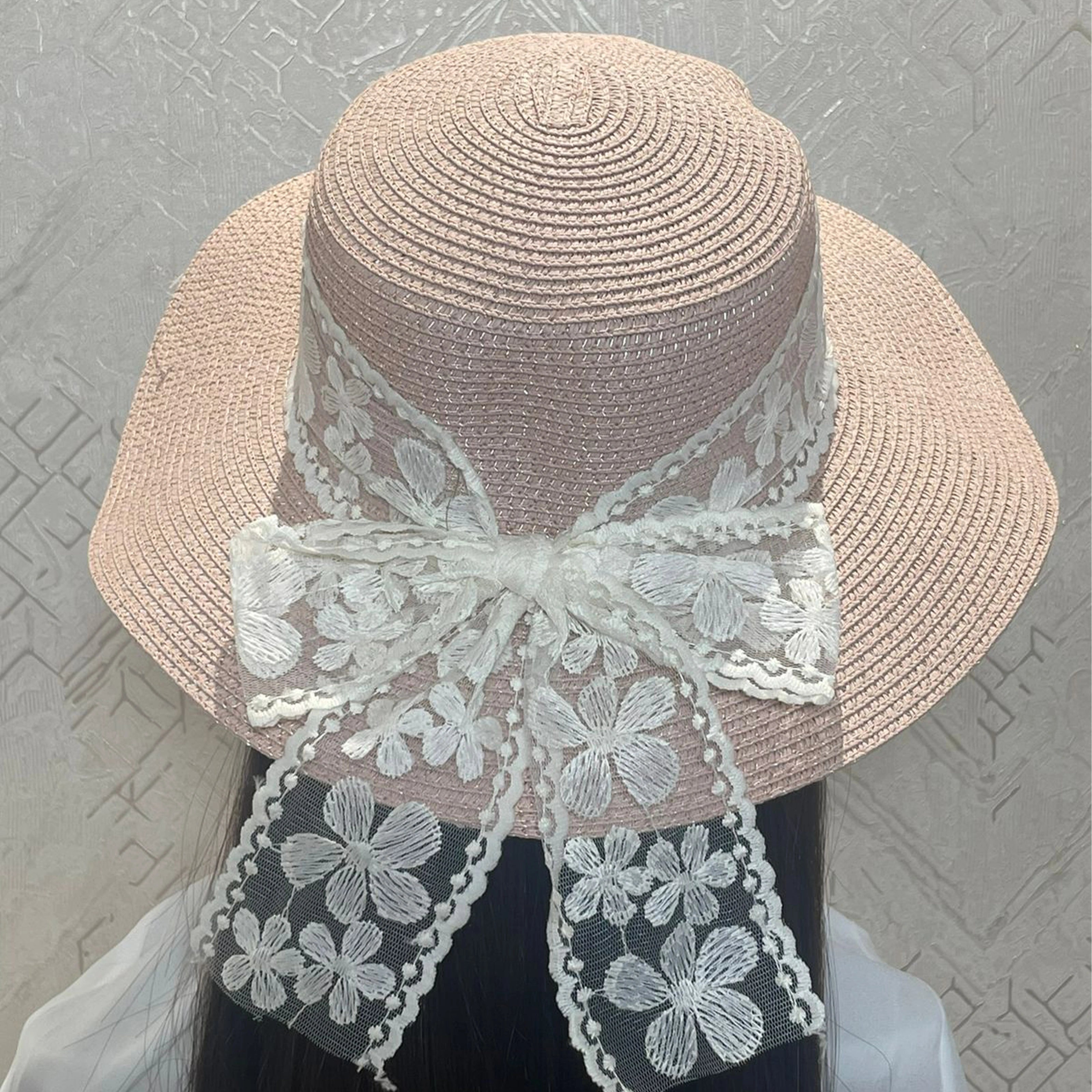 Peach Straw flat Top Hat with Cream Lacy Ribbon