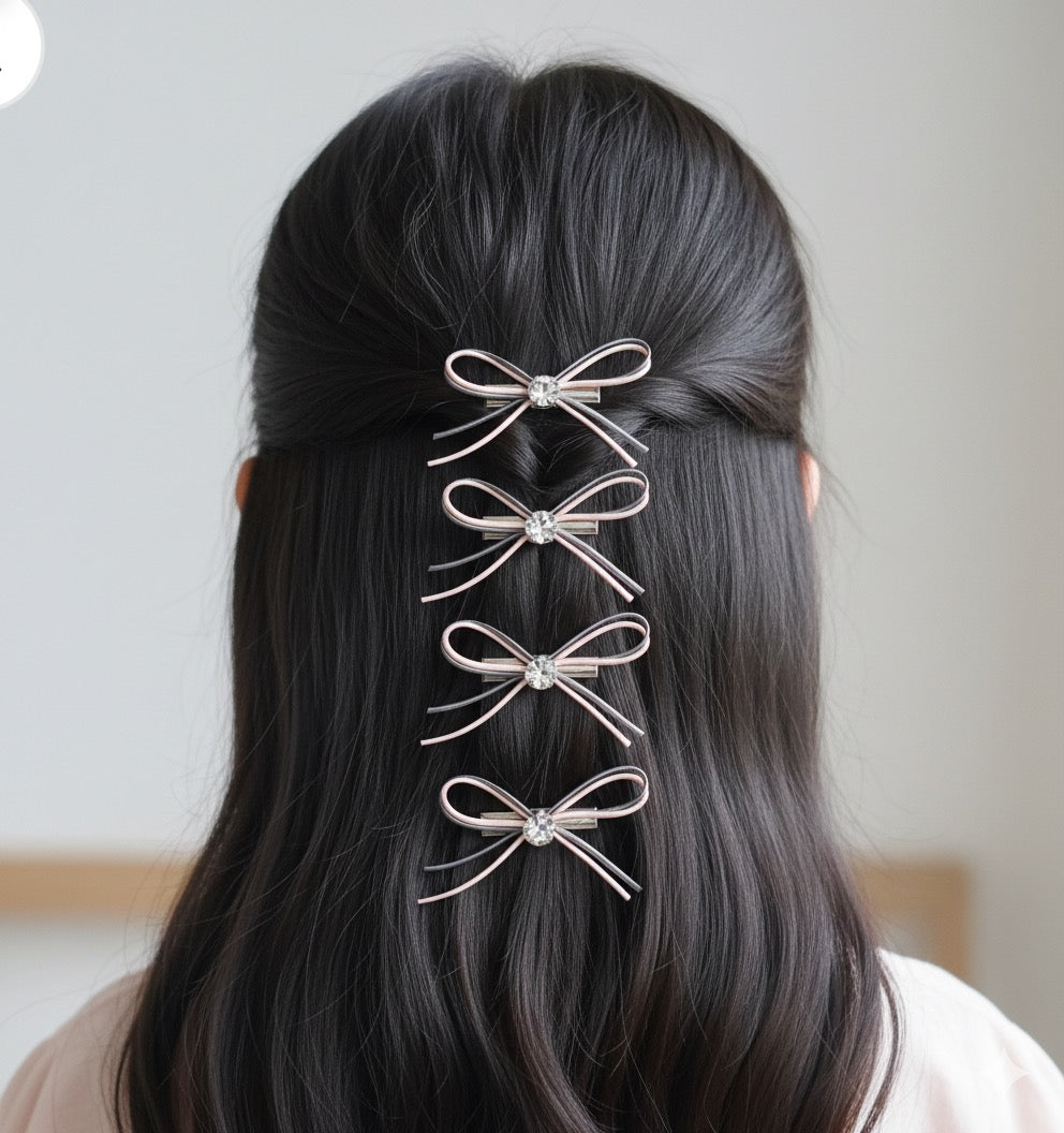 Studded Hair Pins with thin leather bows (pack of 4)