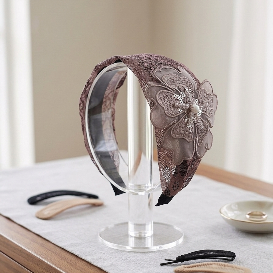 Broad Lacy Embellished Headbands (Sequin flower)