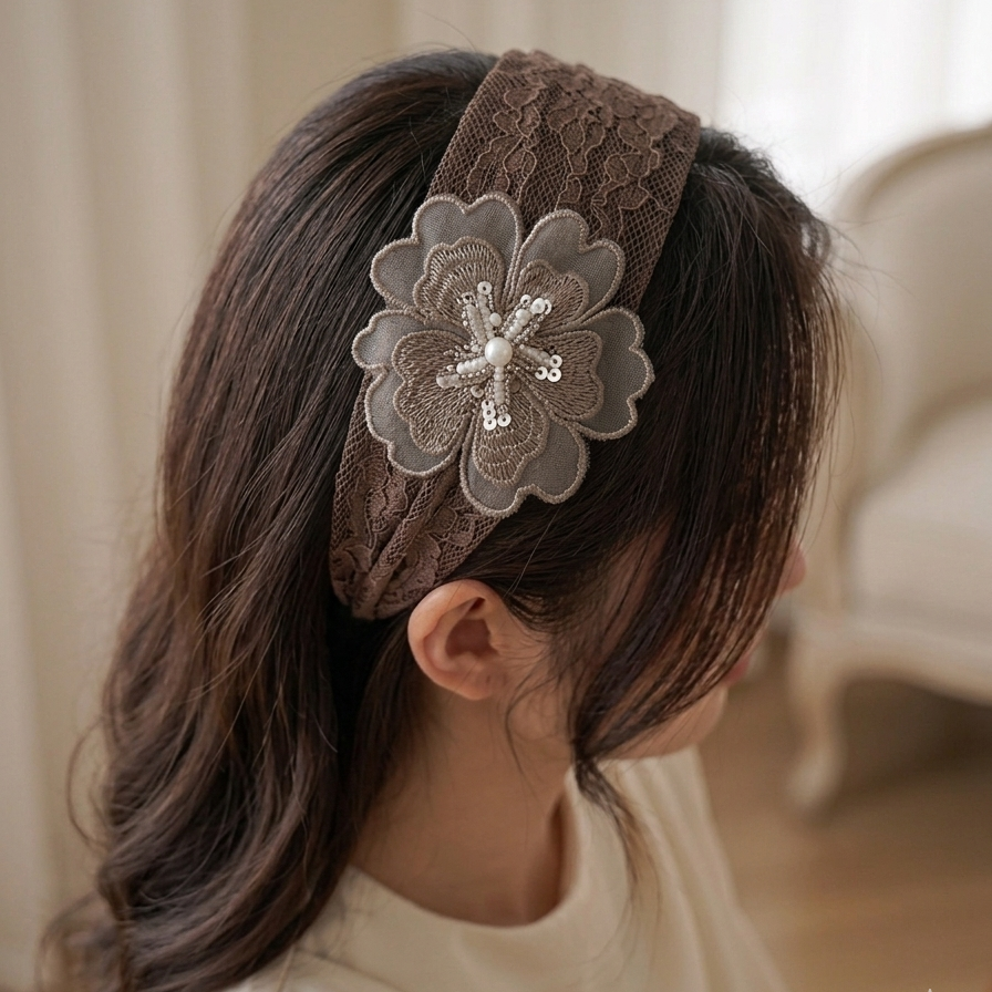 Broad Lacy Embellished Headbands (Sequin flower)
