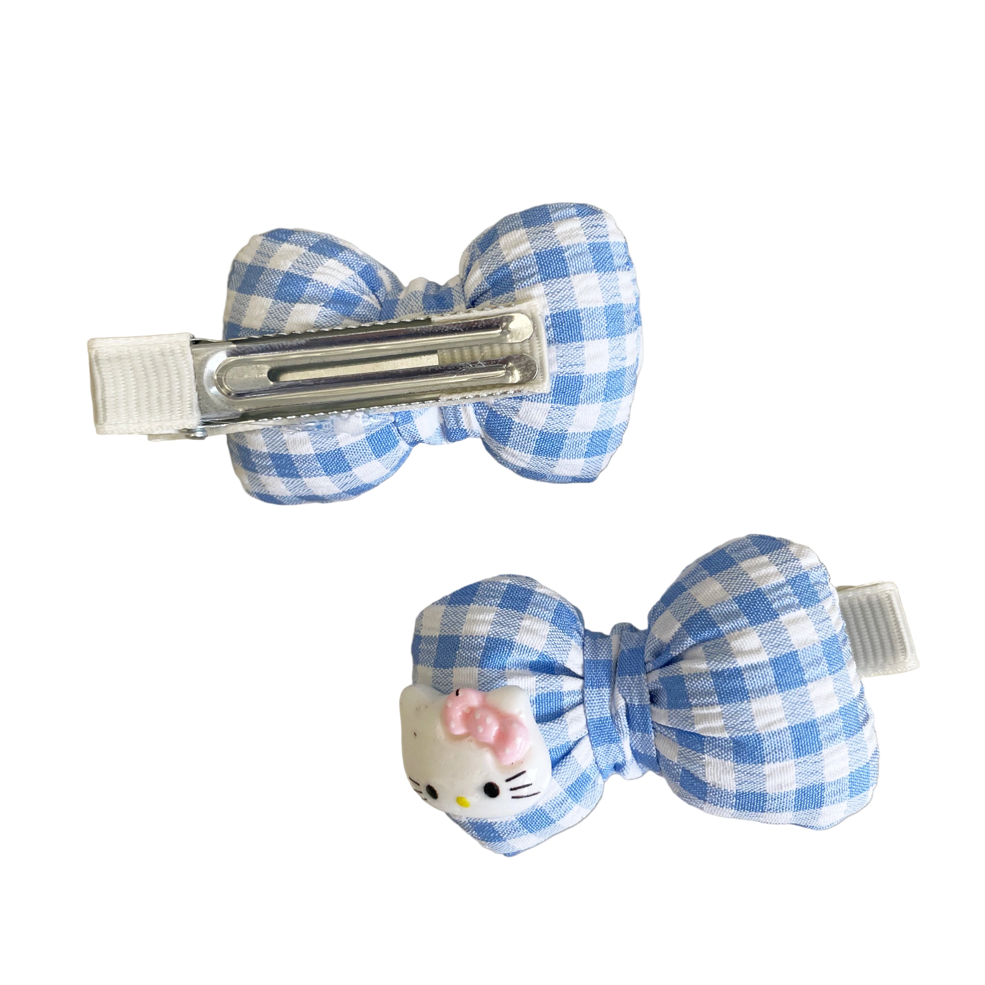 Kitty Hair Clips Pair (Blue Check)