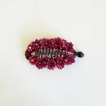 Floral Crystal Studded Banana Clip (Red)