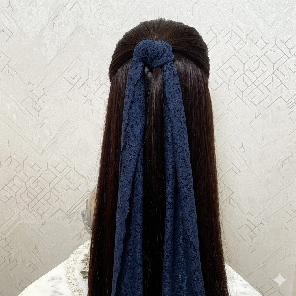 Long dark hair with a blue lace hair accessory against a textured white wall.