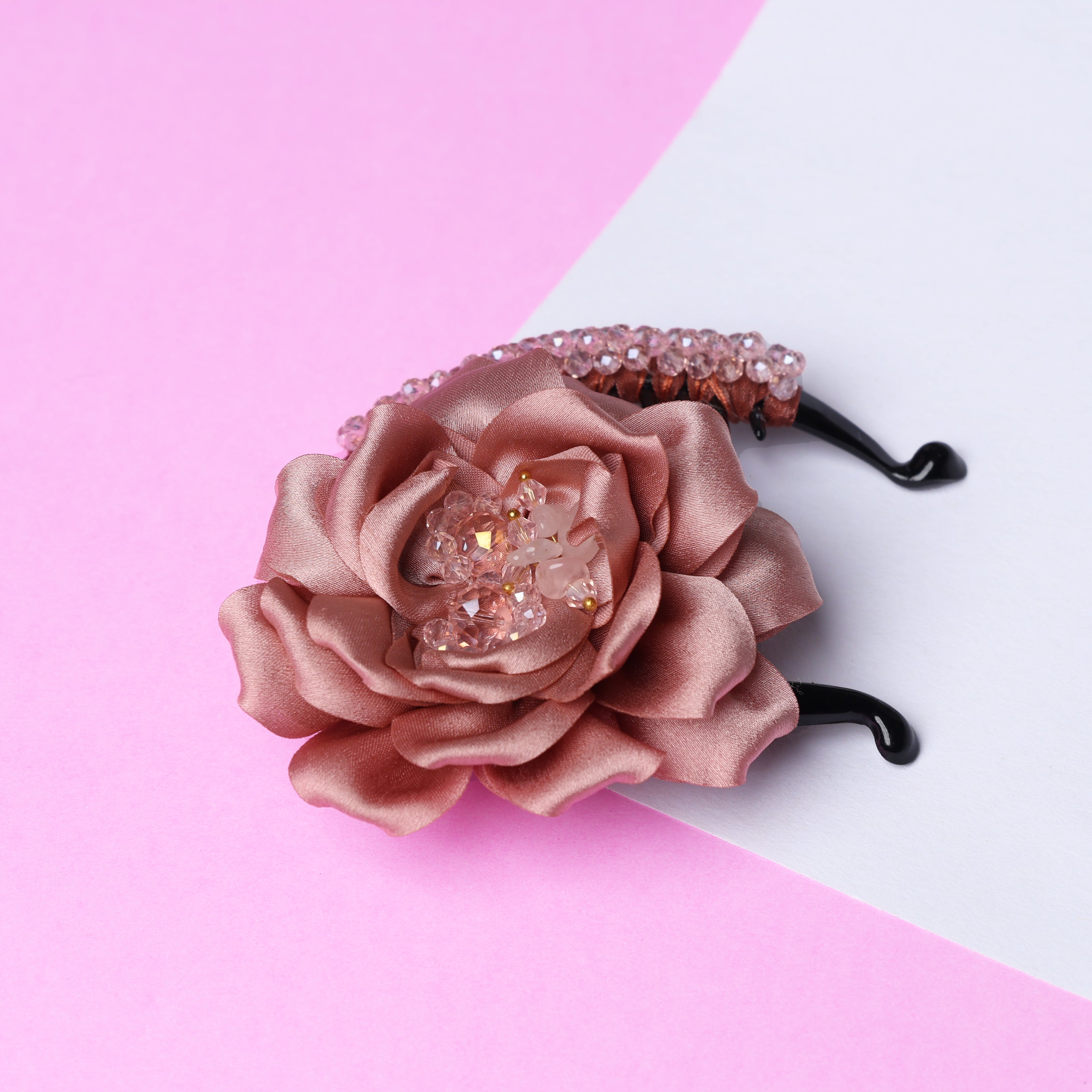 Crystal Banana Clip with Embellished Flower (Peach)